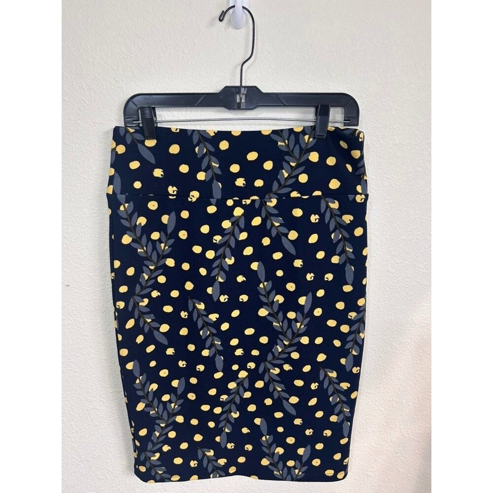 LulaRoe Cassie Skirt Womens L Navy Blue Yellow Polka Dot Leaf Pencil Stretch